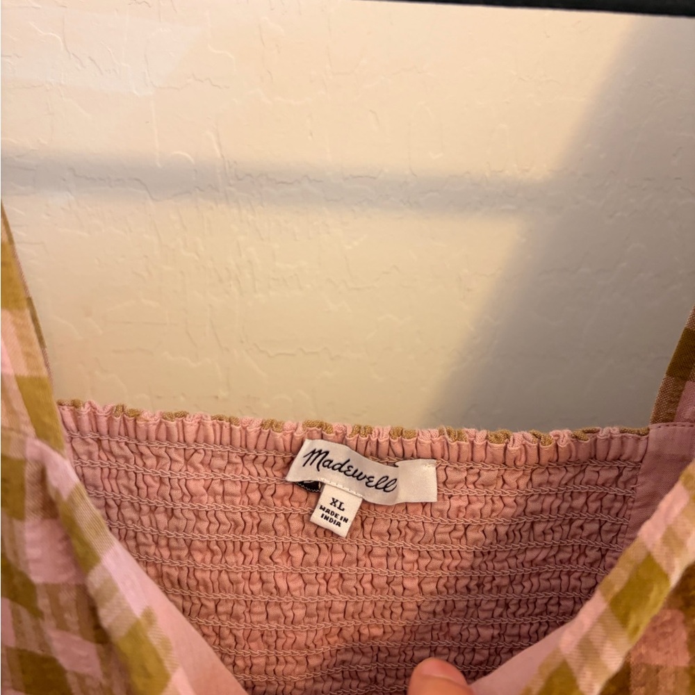 Madewell Gingham Square Neck Puff Sleeve Mini Dress - Pink & Olive - Picture 2 of 2